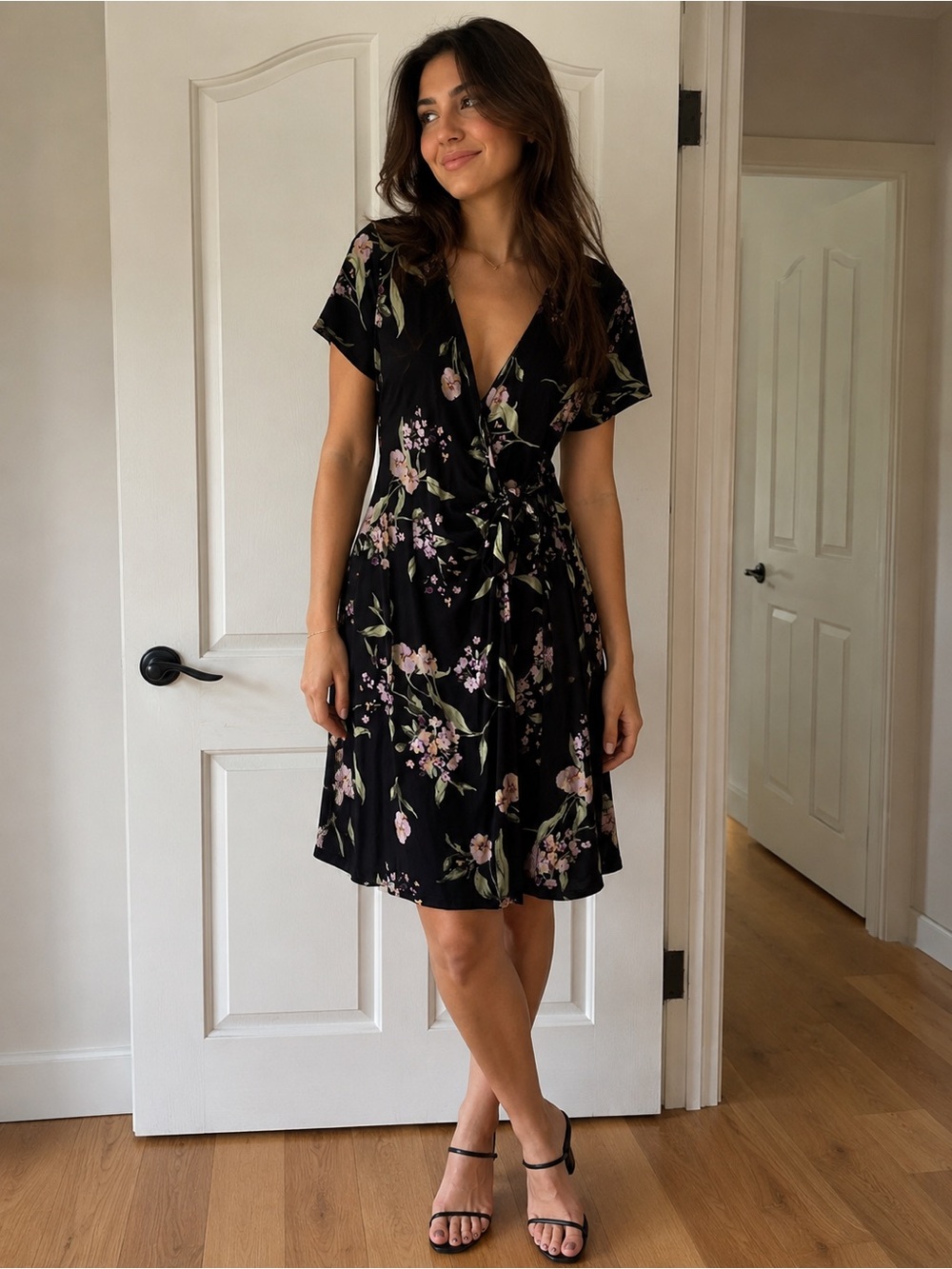 Nicole Miller Black Floral Midi Wrap Dress with Pink & Green Blooms